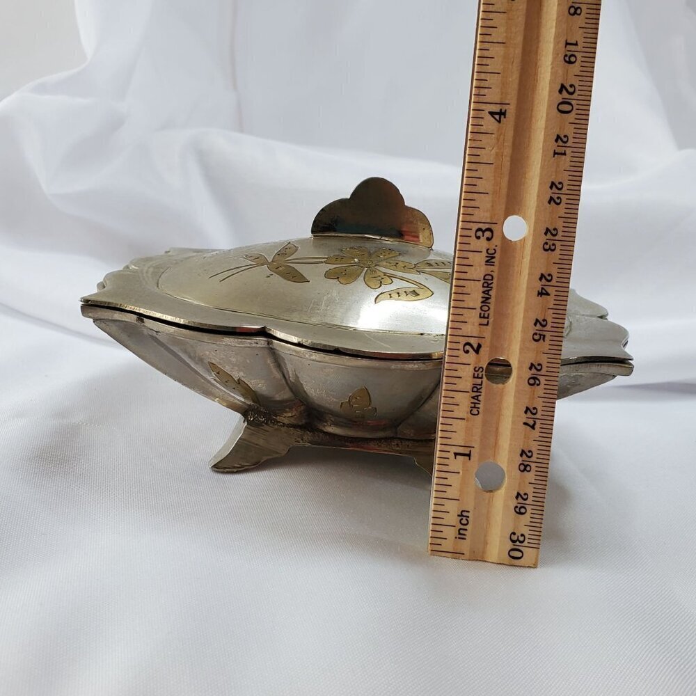 Vintage Silver Tone Brass Inlay Jewelry Trinket Box Floral Design Made in India - Picture 14 of 16